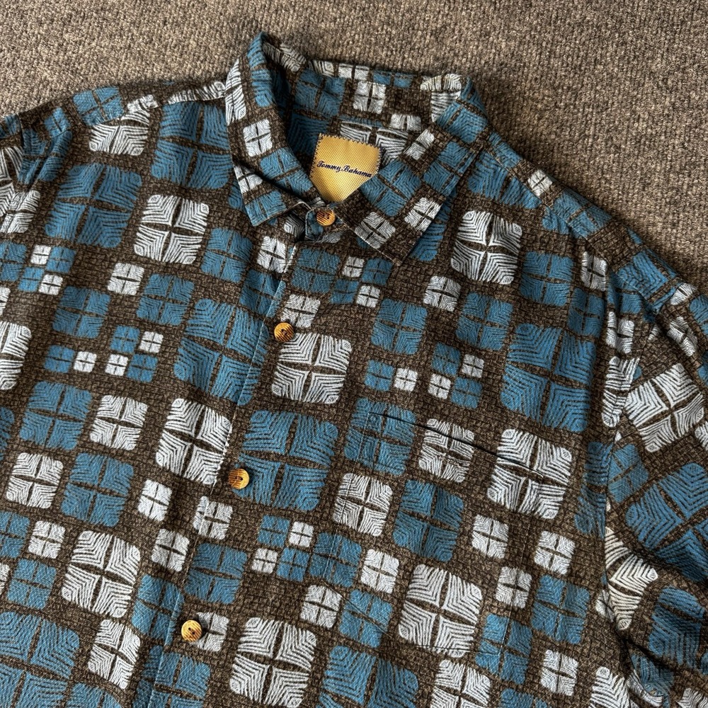 Tommy Bahama Silk Shirt Mens XL Blue Geometric Short Sleeve Button Up